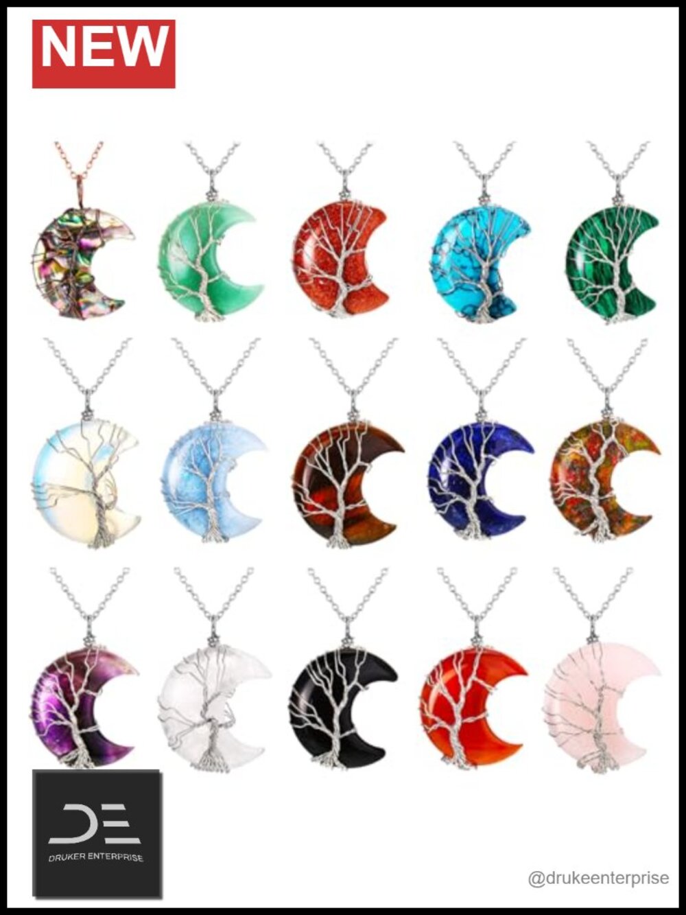 15 Pcs Wire Wrap Gemstone Crescent Moon Pendant Necklaces Healing Crystal